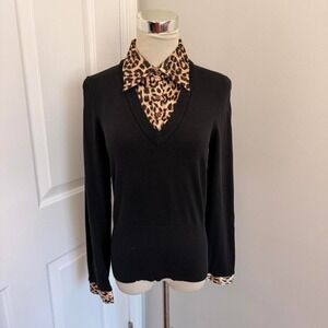 Y2K BLACK THE LIMITED SWEATER OVERLAY CHEETAH PRINT BUTTON UP BLOUSE